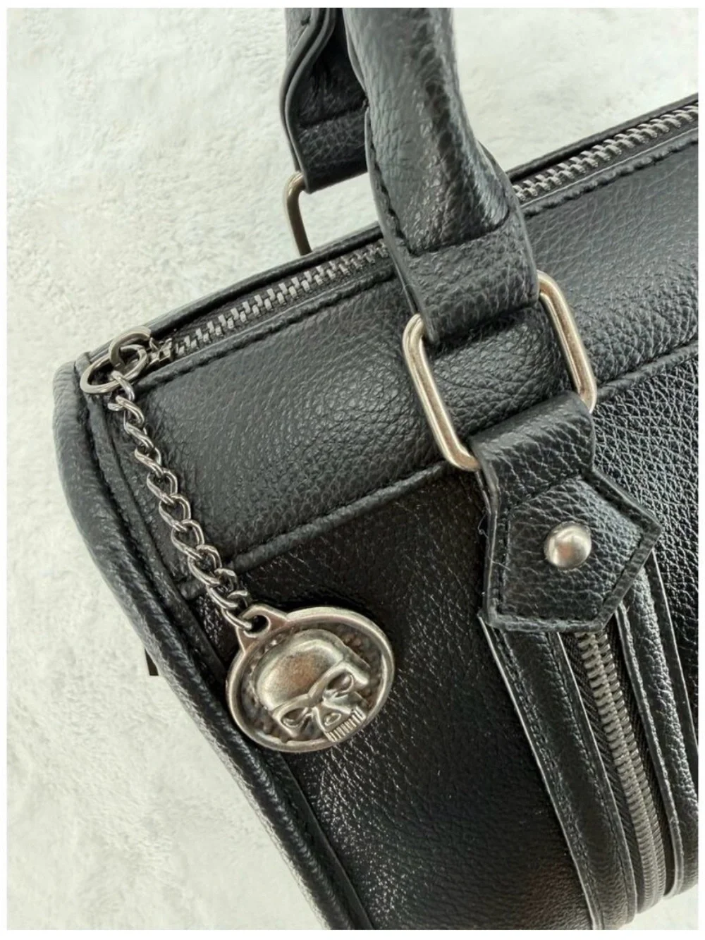 Ed Hardy Black Satchel with Skull, Rose & Green Leaf Embroidery